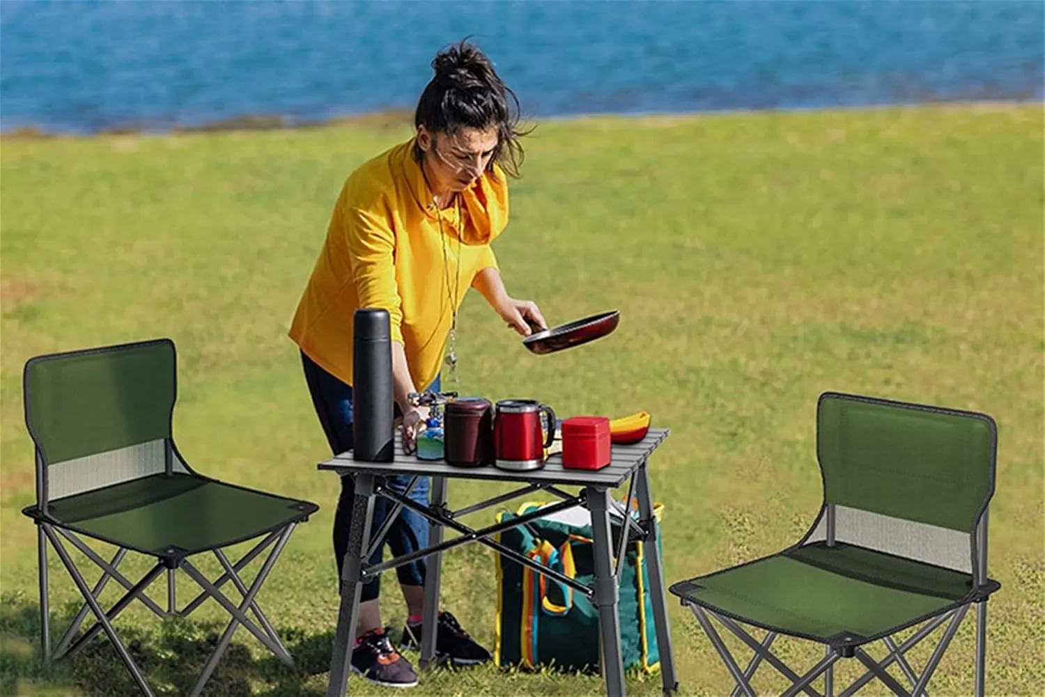 Camping Table Chairs Portable Folding Table and Chair Set, Aluminum Outdoor Picnic Table, Suitable for Courtyard Barbecue Travel (Color : Khaki)