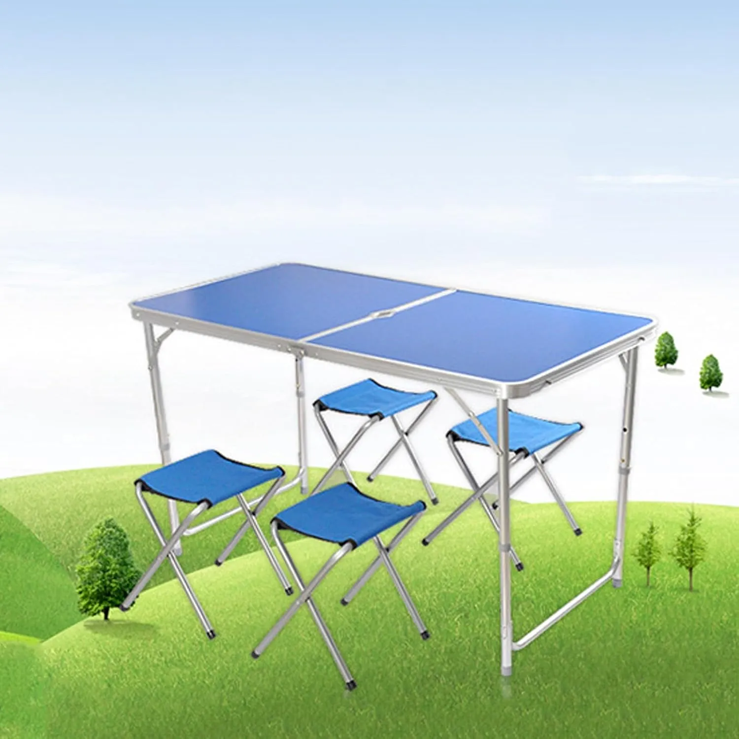 Camping Tables, Camp Tables Portable Foldable, Adjustable 47.2" Aluminum Folding Table for Picnic/Camping/Grilling (Color : Blue 2 Chairs)