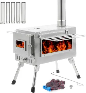 Camping Tent Stove Portable Wood Burning with 5 Pipes for Hiking Travel