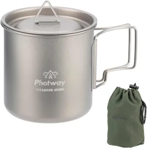Camping Titanium Mugs Cups 450ml Camp Coffee Mug with Lid and Foldable Handle - Ultralight Backpacking Camp Cup for Hiking Backpacking Camping Open Fire