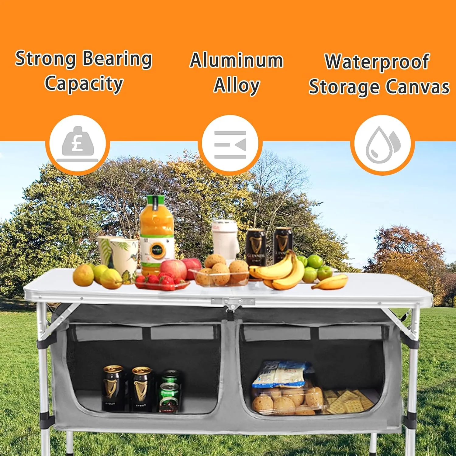 CampLand Outdoor Folding Table Aluminum Lightweight Height Adjustable with Storage Organizer for BBQ, Party, Camping
