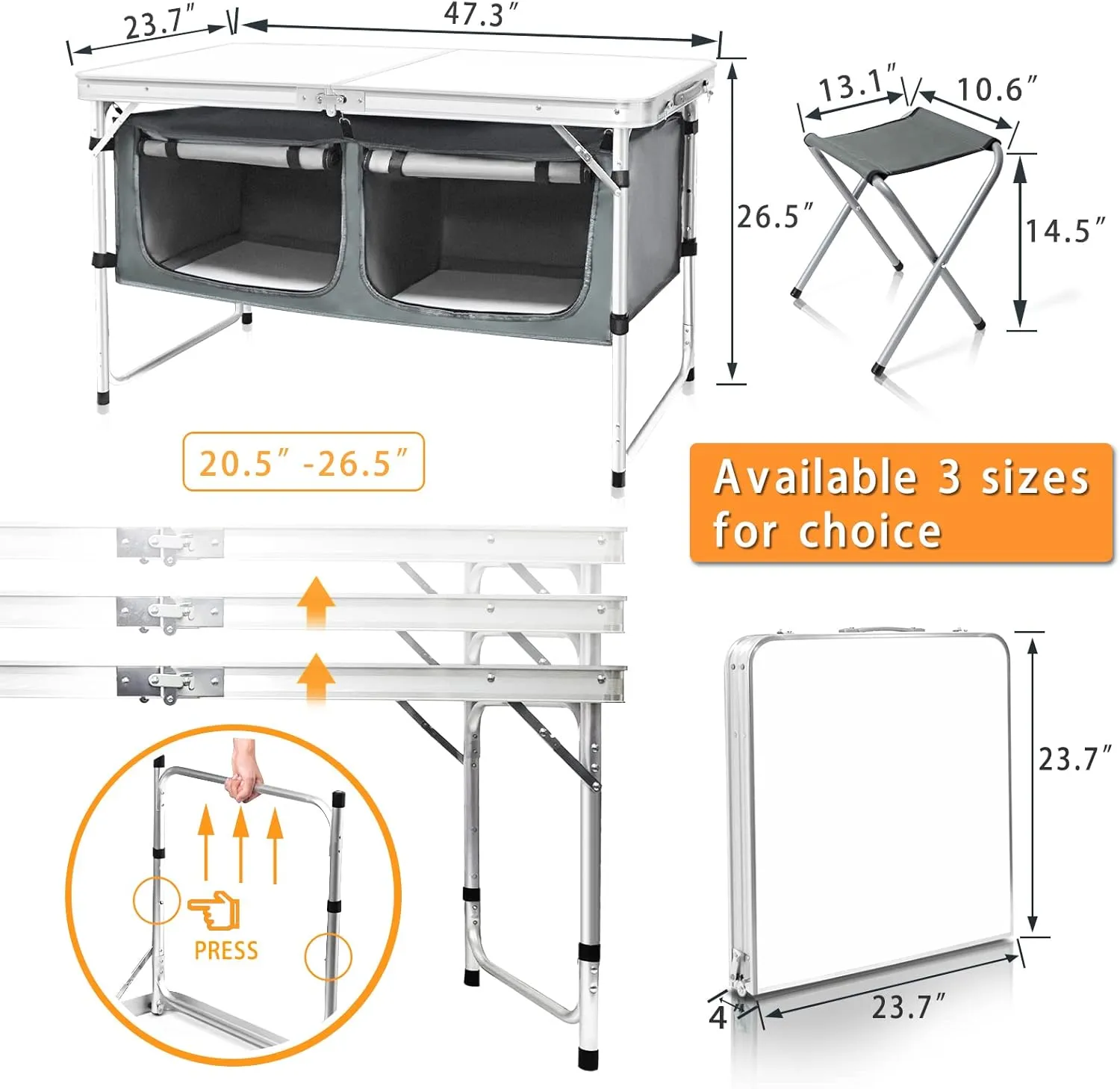 CampLand Outdoor Folding Table Aluminum Lightweight Height Adjustable with Storage Organizer for BBQ, Party, Camping