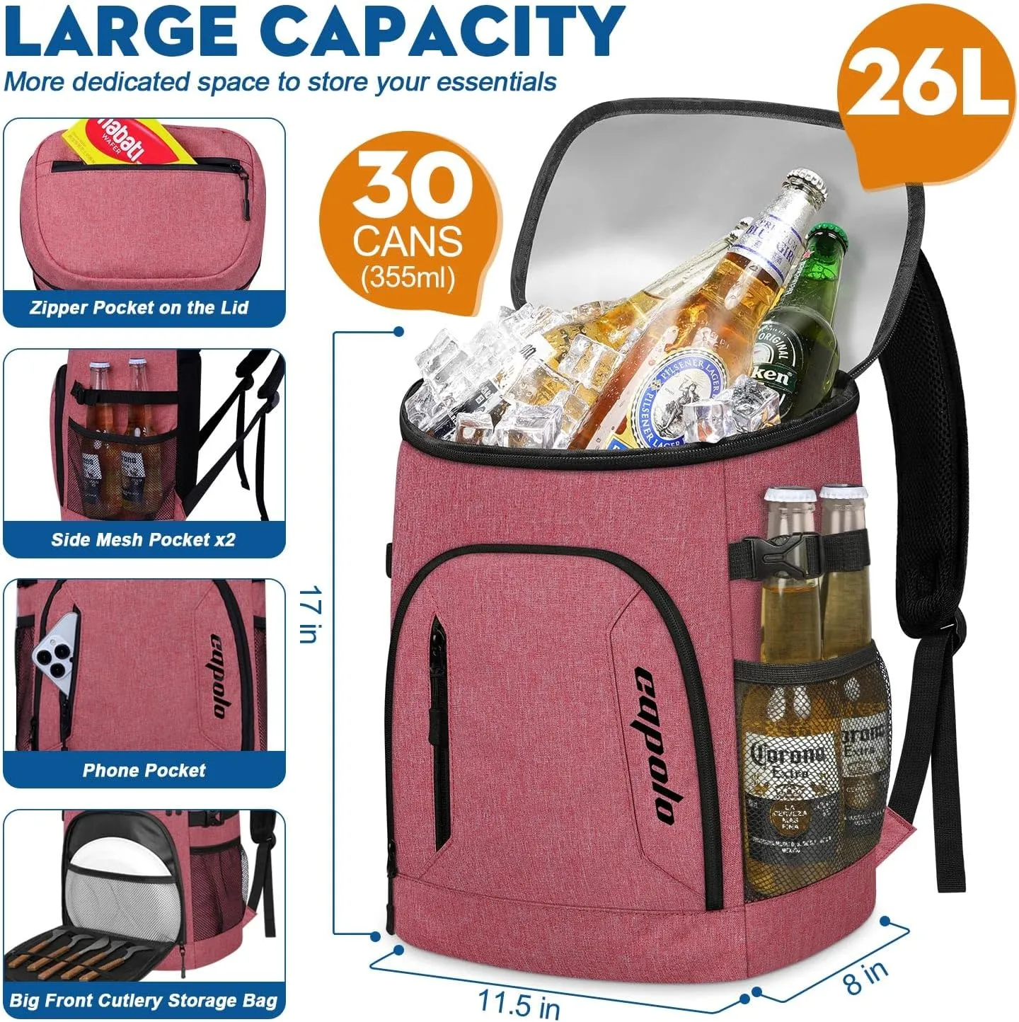 Capolo Cooler Backpack 30/45 Cans, Insulated Thermal Bag Beverage Soft Cooler Lunch Camping Travel Picnic Hiking for Men Women