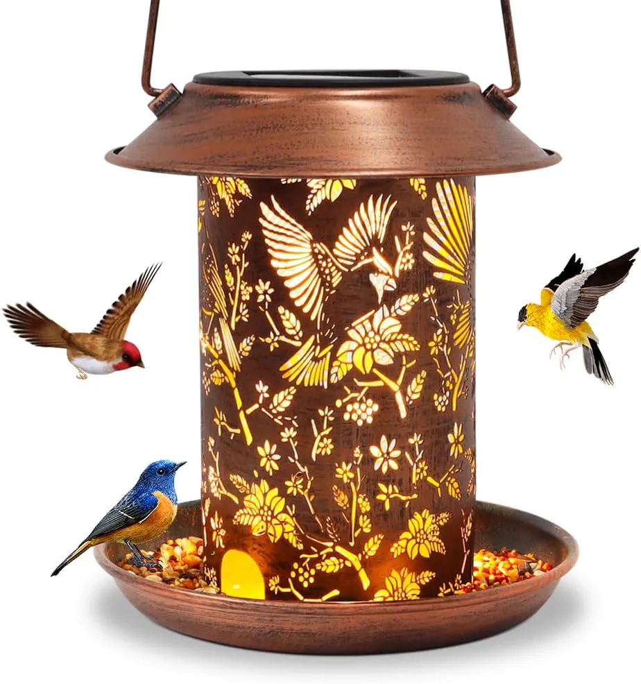 Cardinal Solar Bird Feeder for Outdoors Hanging Solar Lanterns Waterproof Metal Wild Bird Feeders Garden Outside Yard Decor Christmas Birthday Gifts for Women Mom
