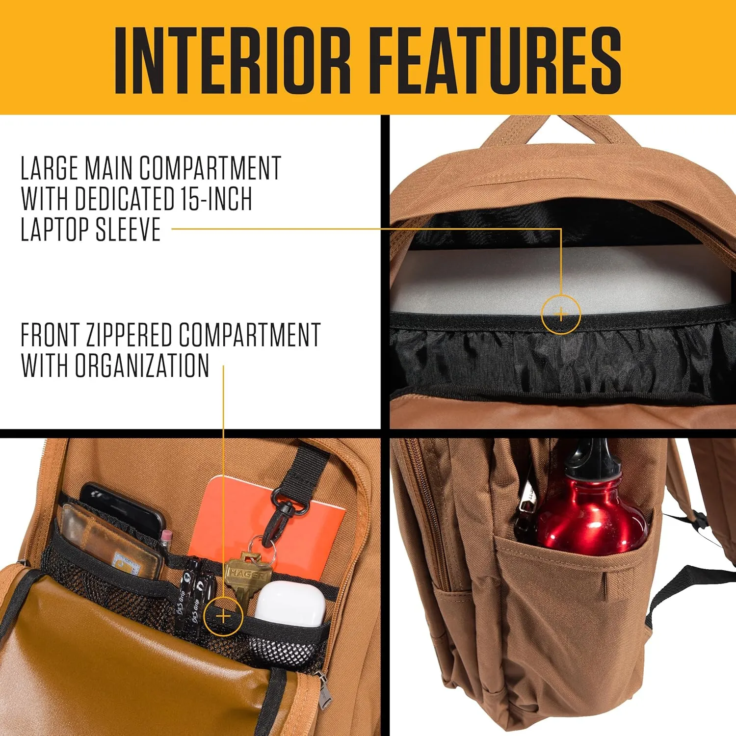 Carhartt 25L Classic Laptop Backpack, Durable Water-Resistant Pack W/ 15" Laptop Sleeve and Multiple Organizational Compartments, PFAS Free, Carhartt Brown