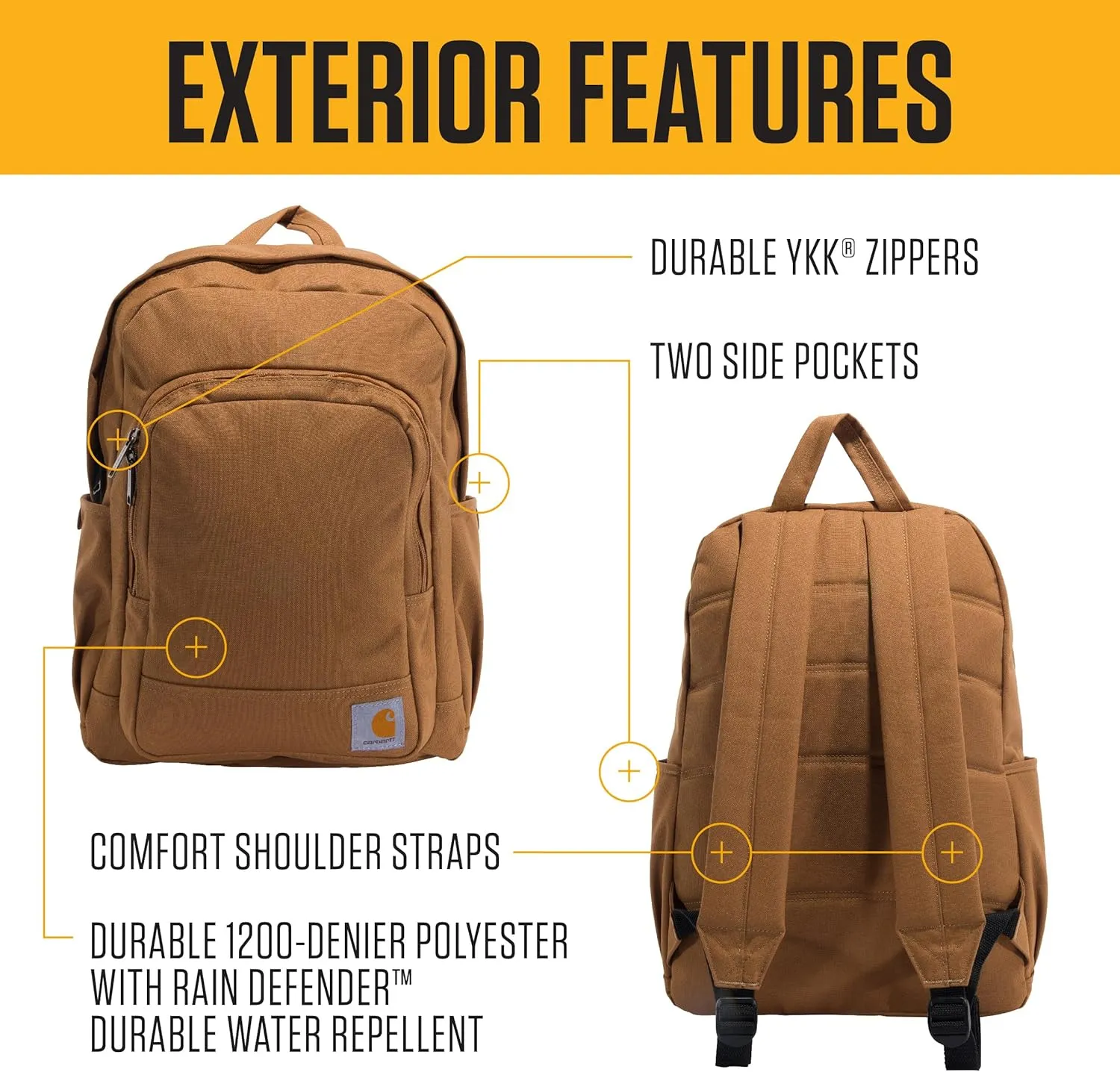 Carhartt 25L Classic Laptop Backpack, Durable Water-Resistant Pack W/ 15" Laptop Sleeve and Multiple Organizational Compartments, PFAS Free, Carhartt Brown