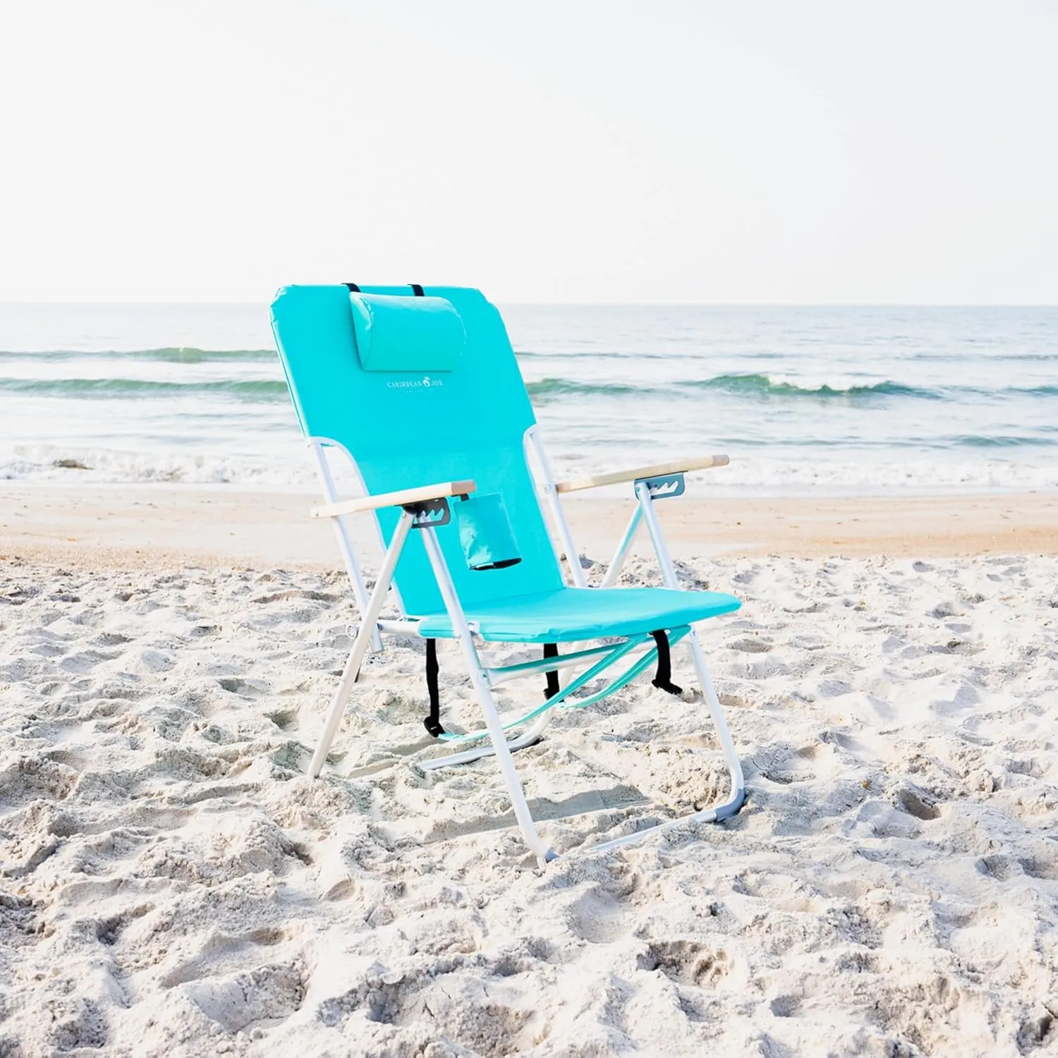 Caribbean Joe Folding Beach Chair, 4 Position Portable Backpack Foldable Camping Chair with Headrest, Cup Holder, and Wooden Armrests, 300 lb Capacity