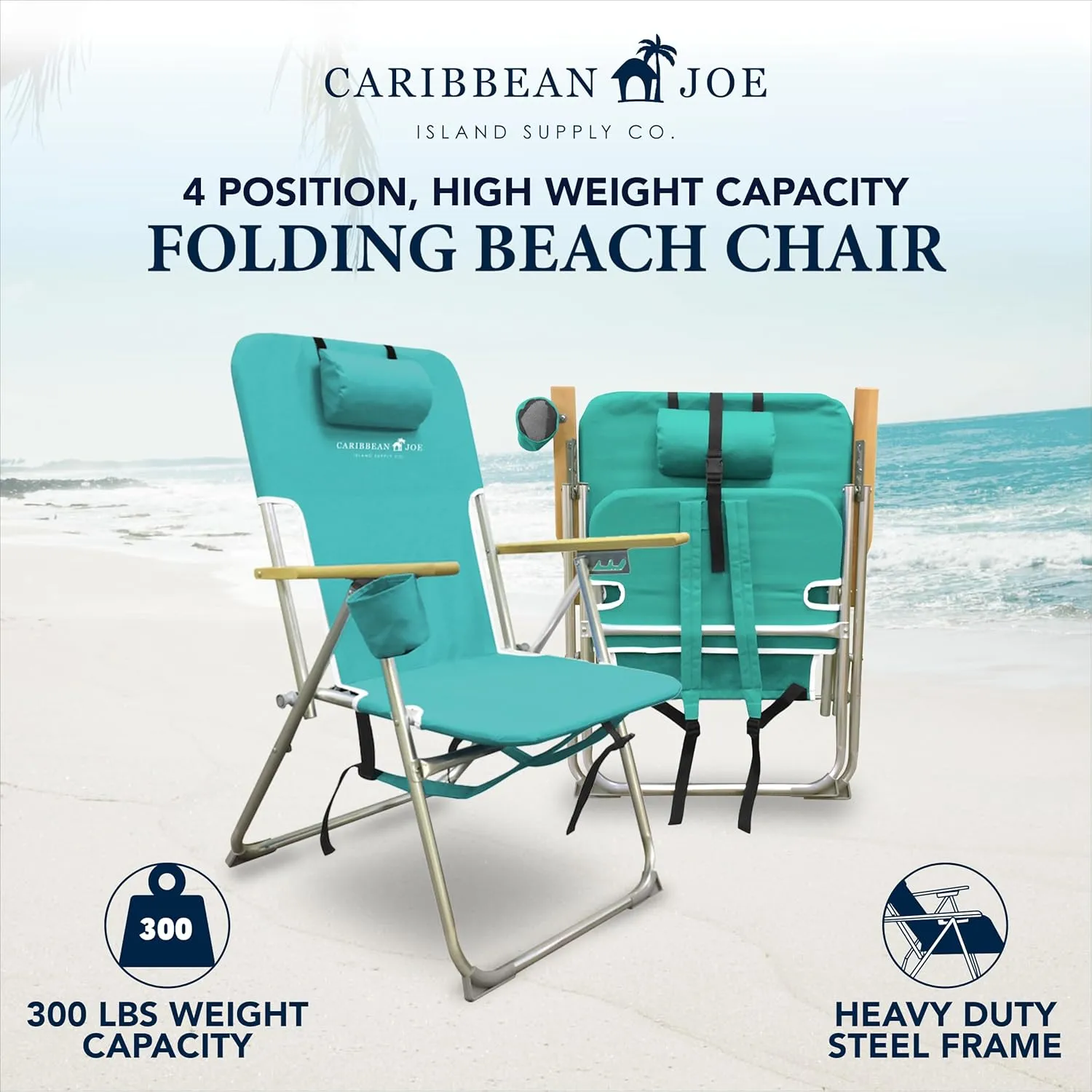 Caribbean Joe Folding Beach Chair, 4 Position Portable Backpack Foldable Camping Chair with Headrest, Cup Holder, and Wooden Armrests, 300 lb Capacity