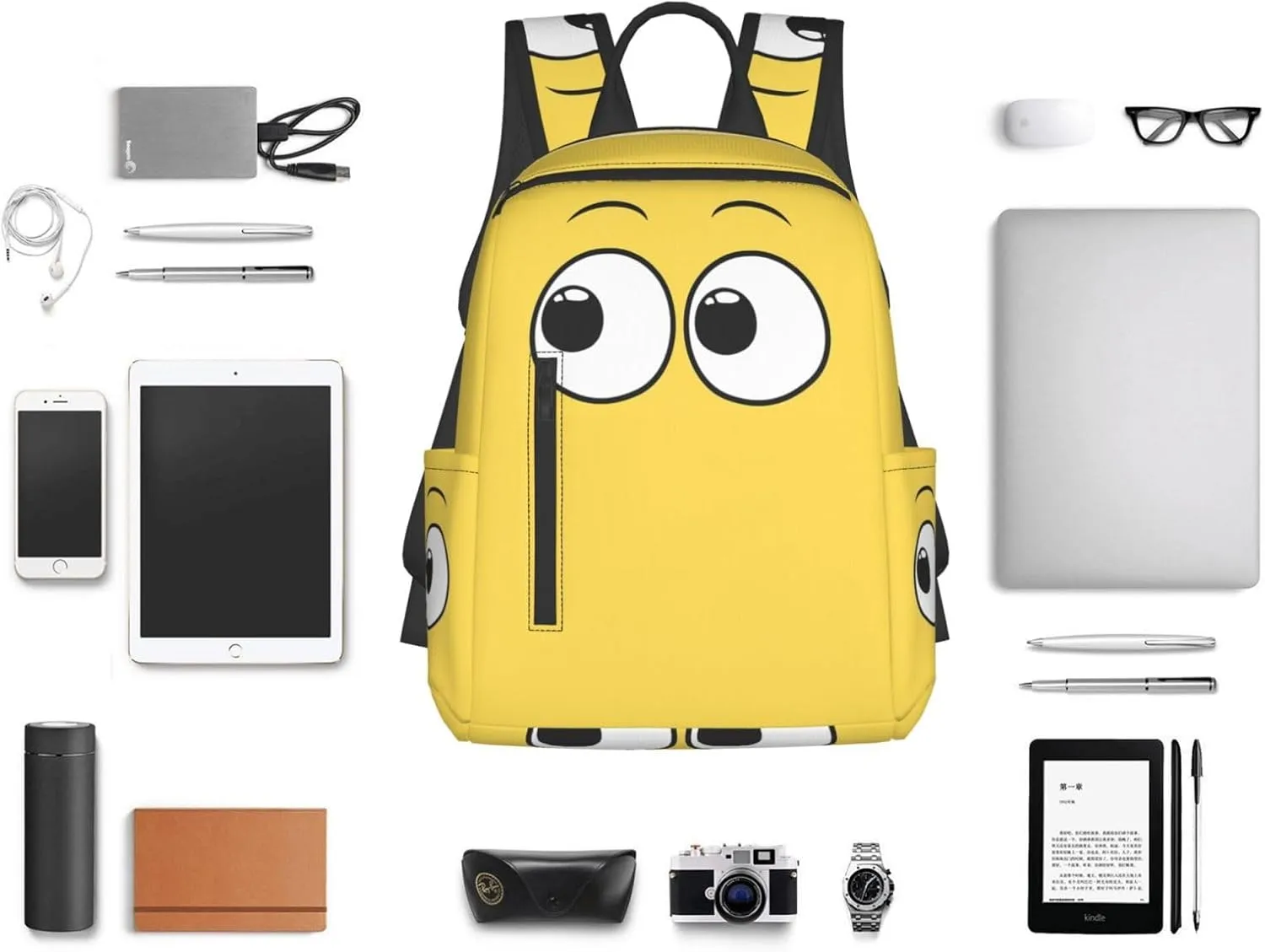 Cartoon Cute Eyes Yellow Casual Backpacks Large Capacity Laptop Backpack Sports Rucksack Travel Daypack Adjustable Shoulder Strap Work Bag for Outdoor Camping