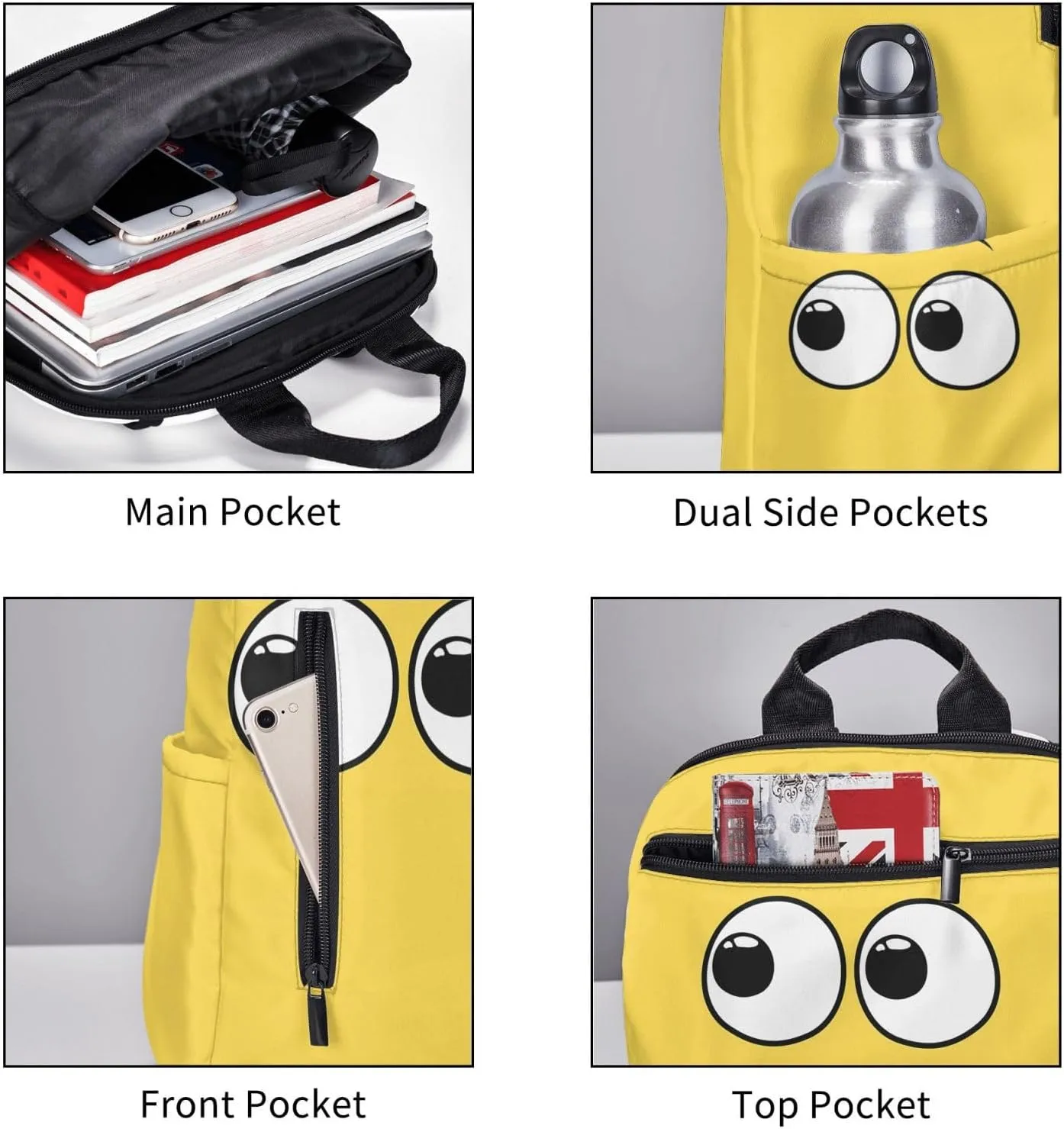Cartoon Cute Eyes Yellow Casual Backpacks Large Capacity Laptop Backpack Sports Rucksack Travel Daypack Adjustable Shoulder Strap Work Bag for Outdoor Camping