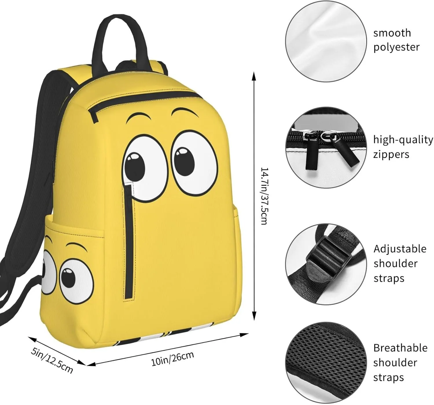 Cartoon Cute Eyes Yellow Casual Backpacks Large Capacity Laptop Backpack Sports Rucksack Travel Daypack Adjustable Shoulder Strap Work Bag for Outdoor Camping