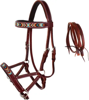 CHALLENGER Horse Western Leather Beaded Bitless Sidepull Bridle Reins 77RS22