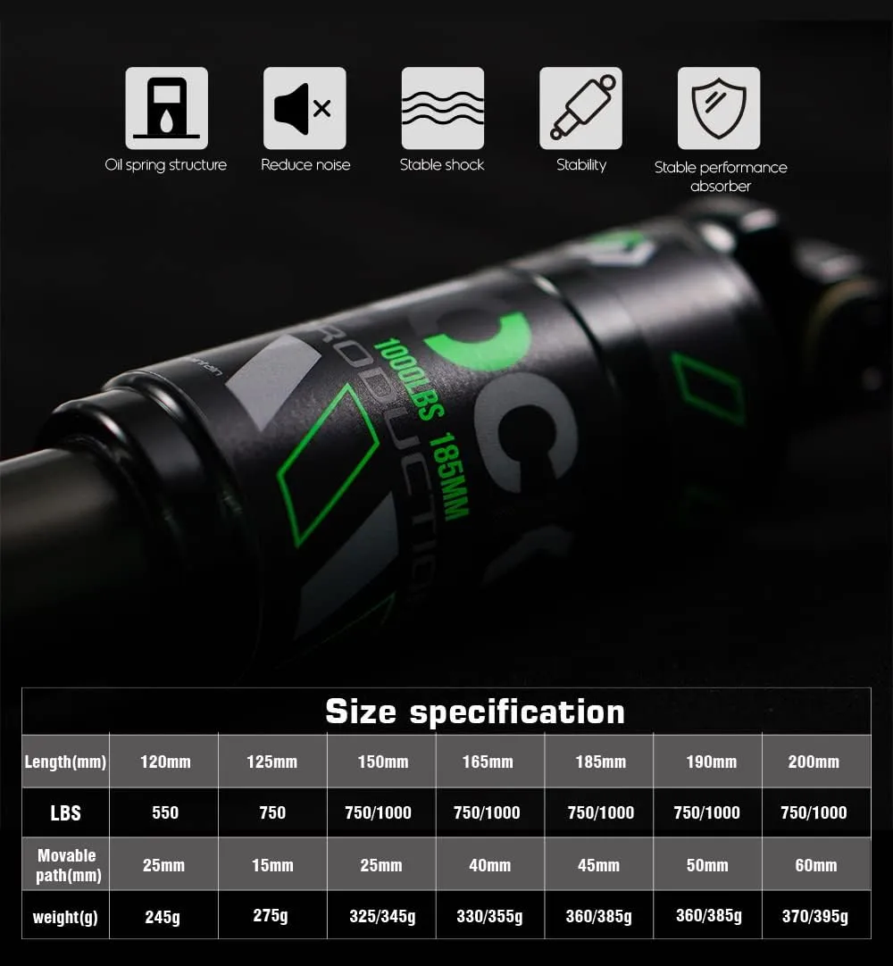 Chooee Mountain Bike Rear Shock absorber 120mm/125mm/150mm/165mm/185mm/190mm/200mm Bicycle Rear Suspension Shock Absorber 150mmx750lbs