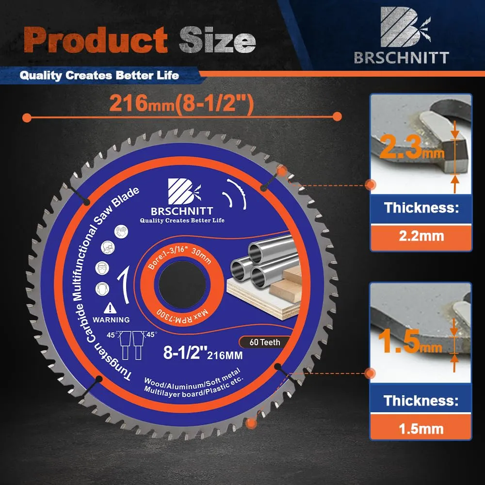 Circular Saw Blade 8-1/2 in 60T with 30mm Arbor, Carbide Tipped Teeth, TCT Saw Blades for Cutting Various Wood, Aluminium,Copper,and Composite Materials