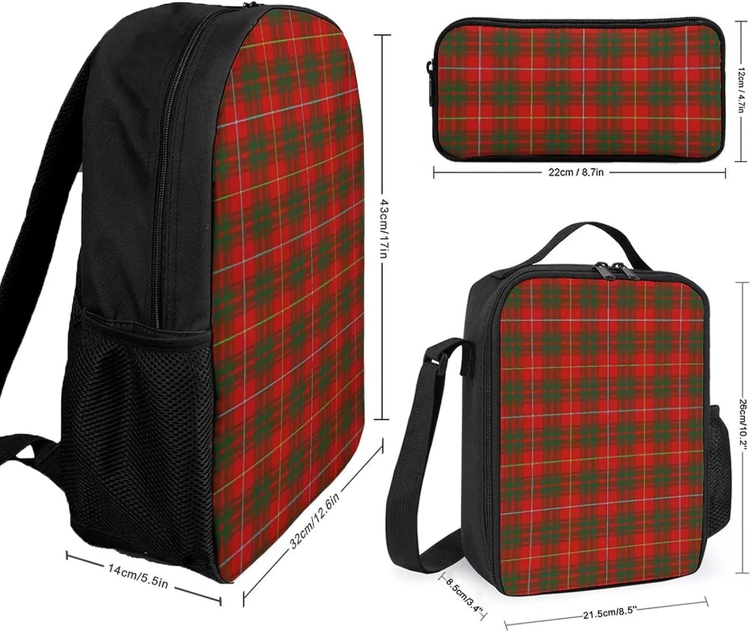 Clan Bruce Tartan Plaid 17 Inch Backpack Diagonal Lunch Bag Pencil Case Set Unisex