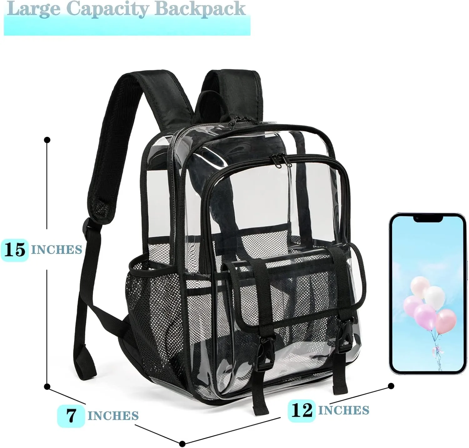 Clear Backpack, 15 inch Heavy Duty See Through Backpack for Boys and Girls Clear Book Bag with Multi-pockets, Navy Blue