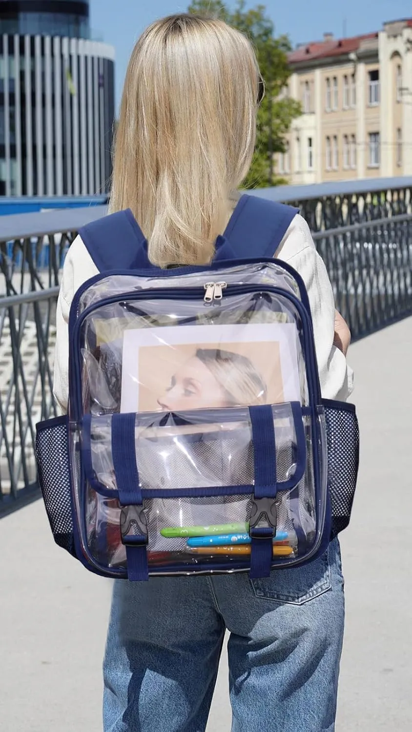 Clear Backpack, 15 inch Heavy Duty See Through Backpack for Boys and Girls Clear Book Bag with Multi-pockets, Navy Blue