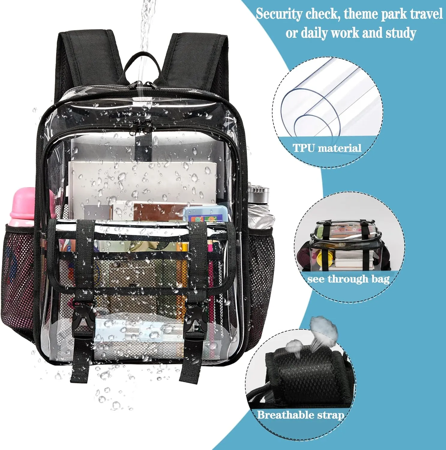 Clear Backpack, 15 inch Heavy Duty See Through Backpack for Boys and Girls Clear Book Bag with Multi-pockets, Navy Blue