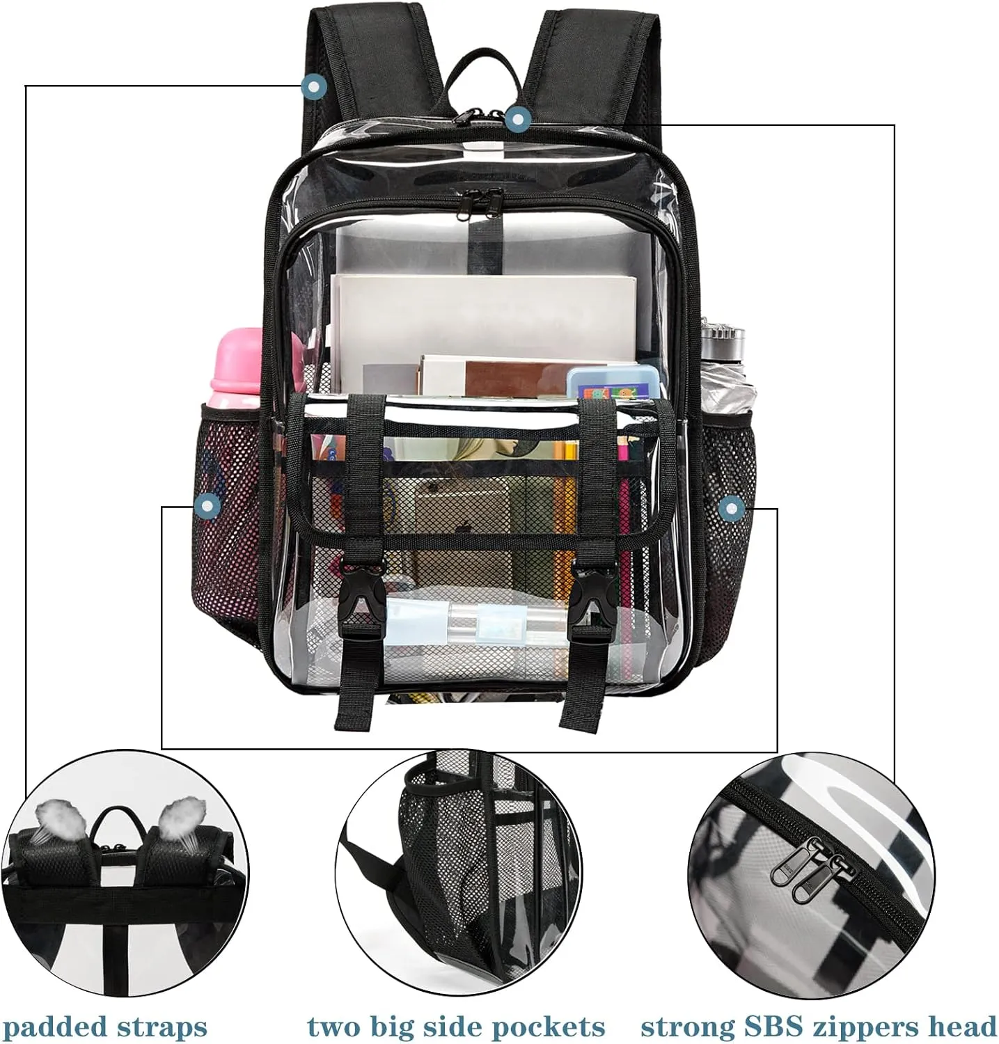 Clear Backpack, 15 inch Heavy Duty See Through Backpack for Boys and Girls Clear Book Bag with Multi-pockets, Navy Blue