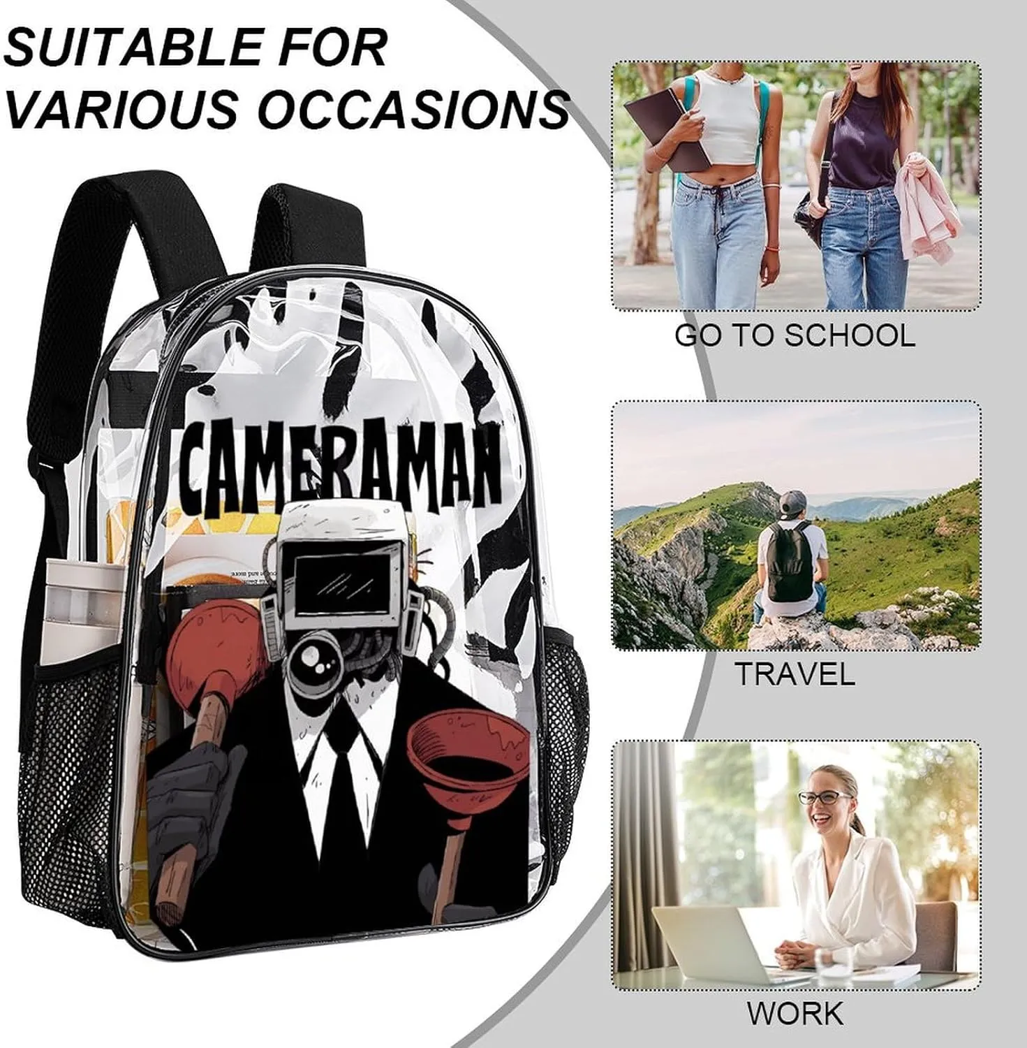 Clear Backpack Heavy Duty PVC Transparent Funny Toi-let Backpack 17"" Large Capacity See Through Bag for Travel, 43x32x13cm, Style-5