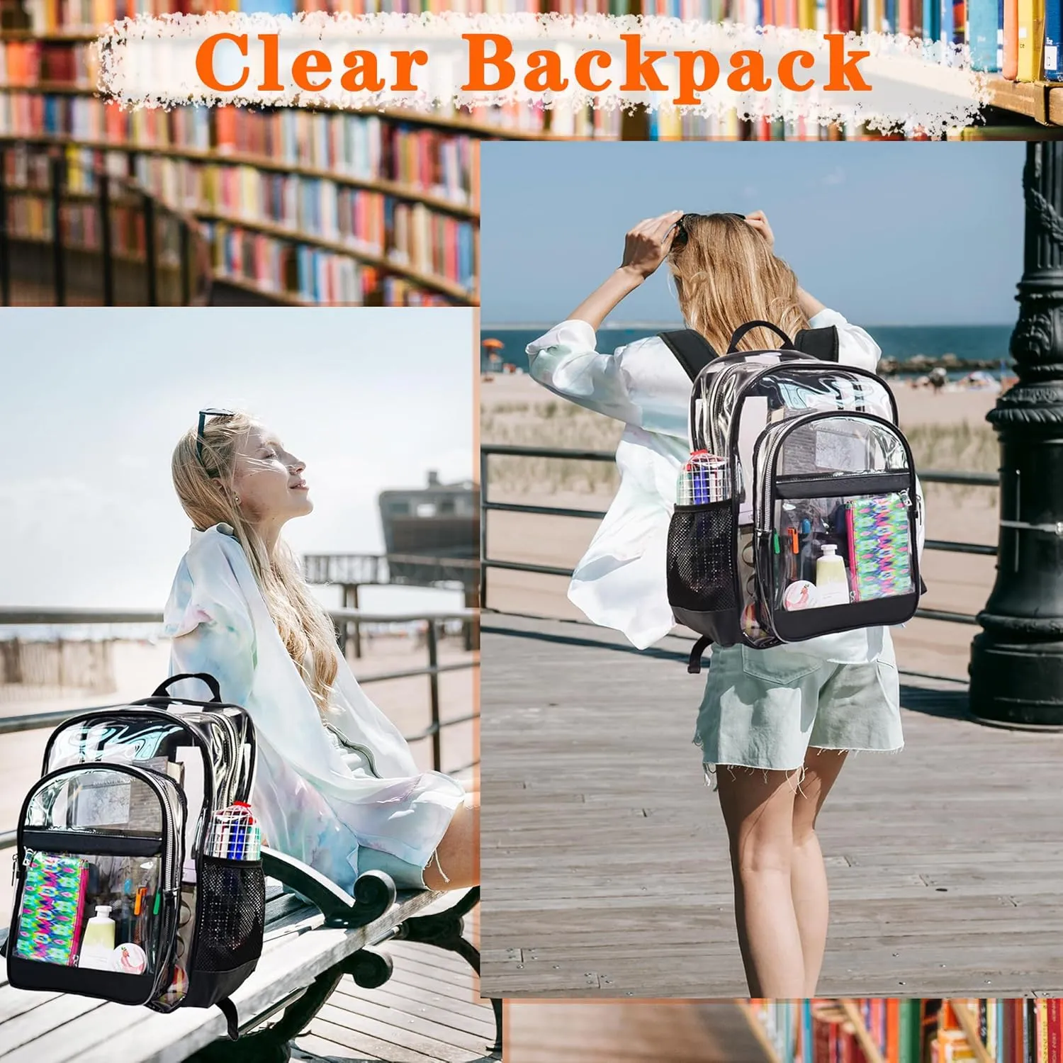 Clear Backpack, Heavy Duty See Through Backpack, Large Bag for School, College, Work, Travel, Security - Pink