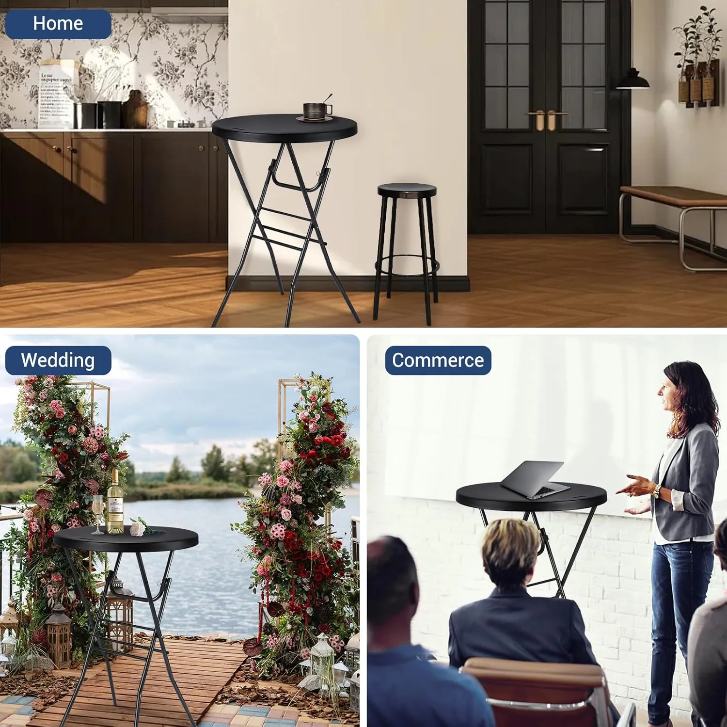 Cocktail Table 28in High Top Round Folding Indoor Outdoor, Plastic Bar Height Foldable Bistro Tall Table for Party, Patio, Dining Room, Kitchen, Events, Removable Locking Legs, Black