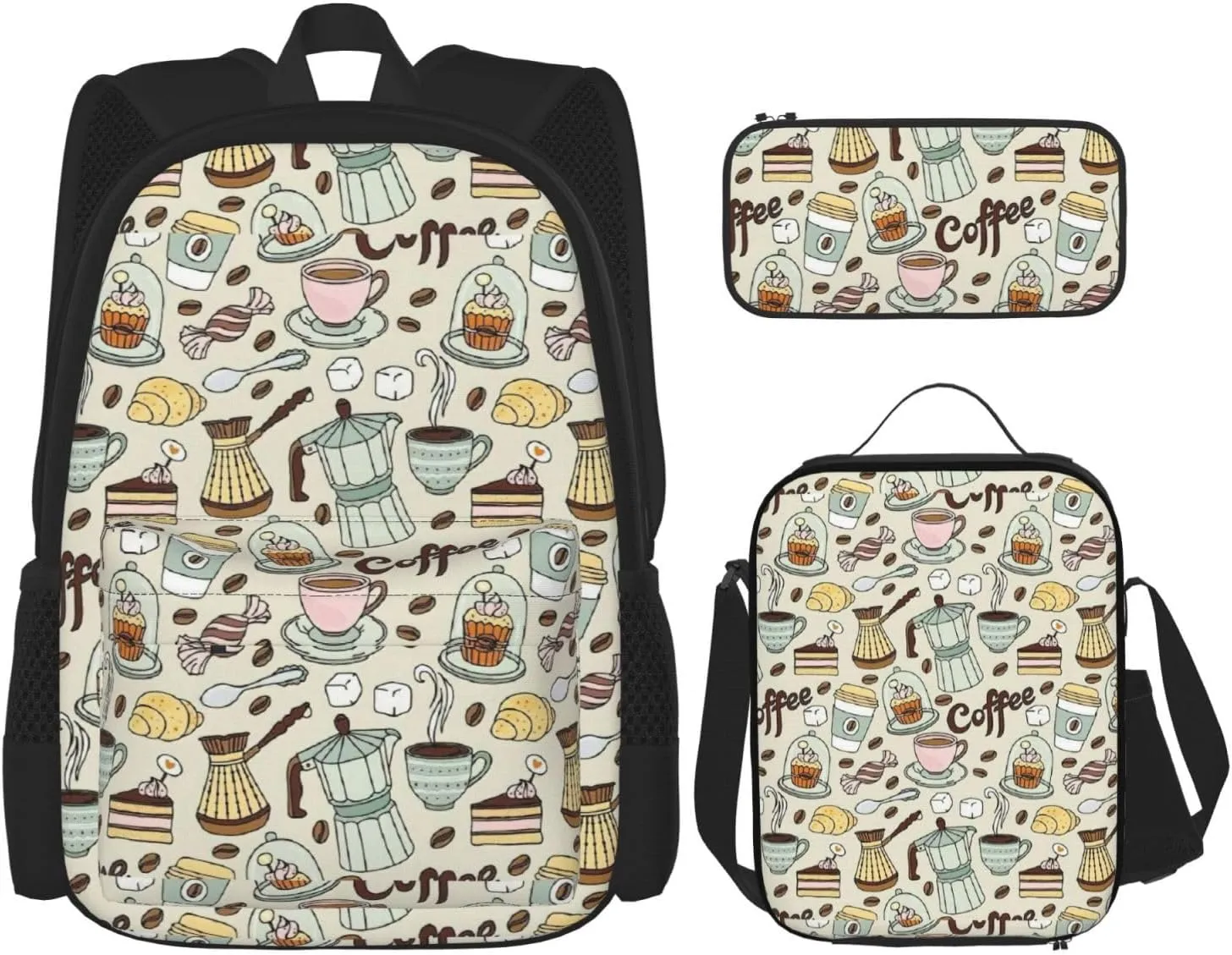 Coffee And Sweets Sugar Chocolate Print Comfortable Adjustable Shoulder Casual Fashion Backpack Lunch Bag Pencil Case