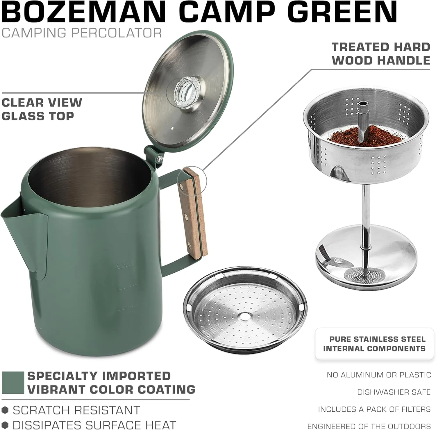 COLETTI Bozeman Camping Coffee Pot — Camping Coffee Makers, Coffee Percolator – America's Sleekest Percolator – NO Aluminum or Plastic (Camp Green)