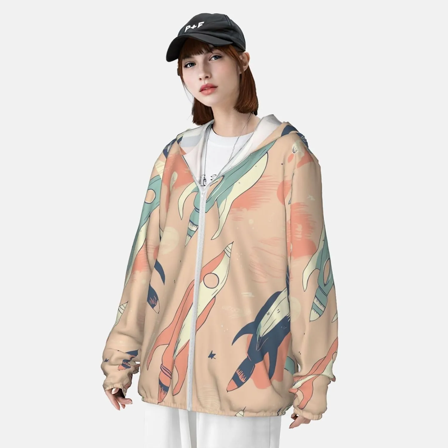 Colorful Light Rocket Sun Protection Hoodie Jacket Lightweight Zip Up Long Sleeve Sun Hoodie with Pockets