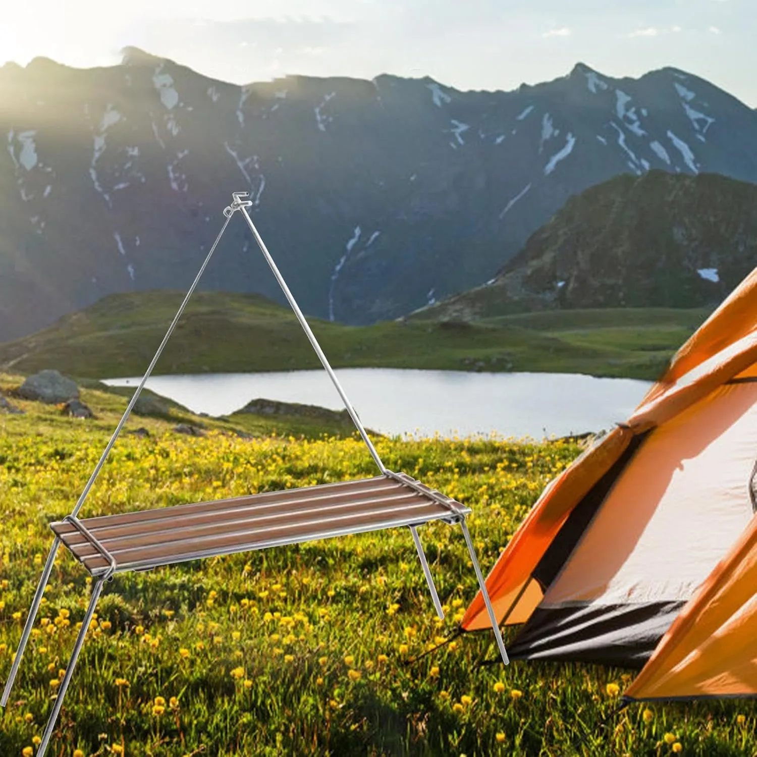 Compact Camping Table with Light Pole for Cooking and Travel, Teak