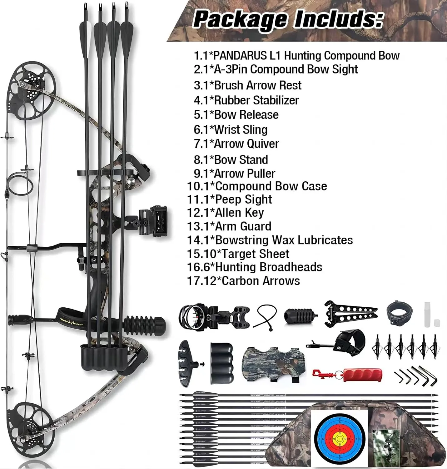Compound Bow Draw Weight 0-70 Lbs for Pull Beginner and Intermediate Archer Fully Adjustable 19.25"-31" with All Accessories, up to IBO 320 fps,Package with Archery Hunting Equipment New 2024