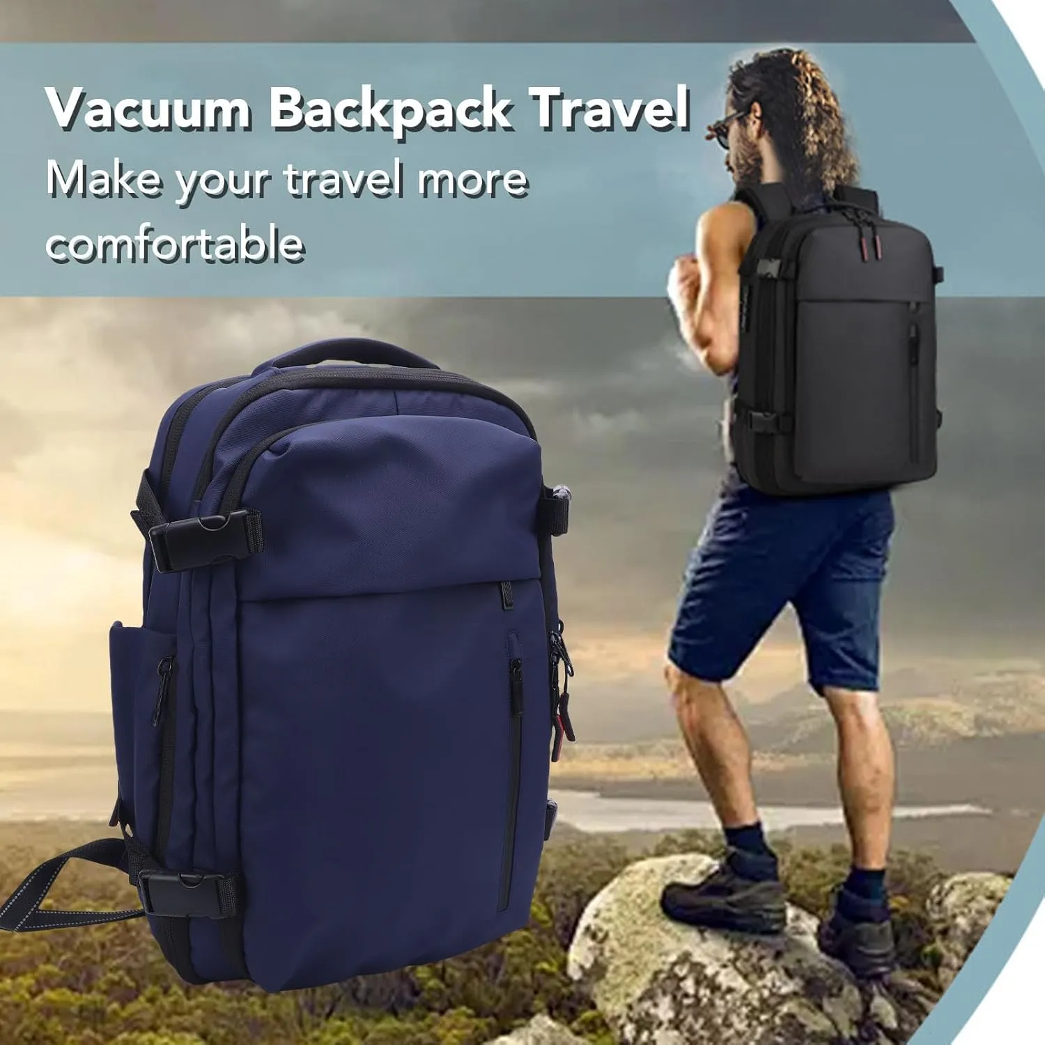 Compression Travel Backpack, 55L Large Expandable Backpack Storage Vacuum Backpacks, Water Proof Casual Backpacks with Pump & Packing Cubes for College, Travel, Work (Blue)