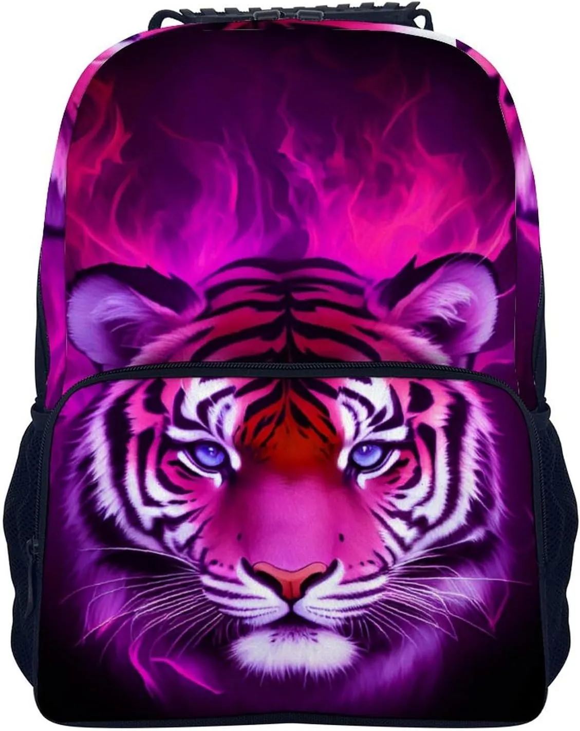 Cool Tiger Head Fire Surreal Style Art Rucksack Polyester Anti-Theft Multipurpose Bookbag Big Capacity Travel and Sport Backpack Rucksack With Side Pockets