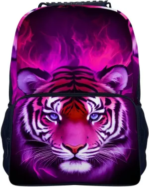 Cool Tiger Head Fire Surreal Style Art Rucksack Polyester Anti-Theft Multipurpose Bookbag Big Capacity Travel and Sport Backpack Rucksack With Side Pockets
