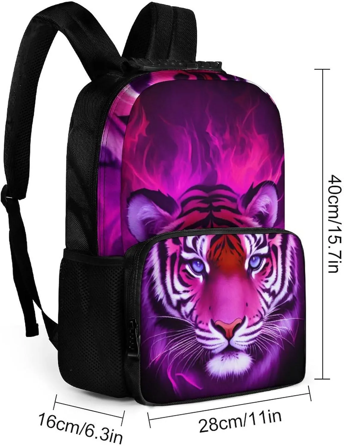 Cool Tiger Head Fire Surreal Style Art Rucksack Polyester Anti-Theft Multipurpose Bookbag Big Capacity Travel and Sport Backpack Rucksack With Side Pockets