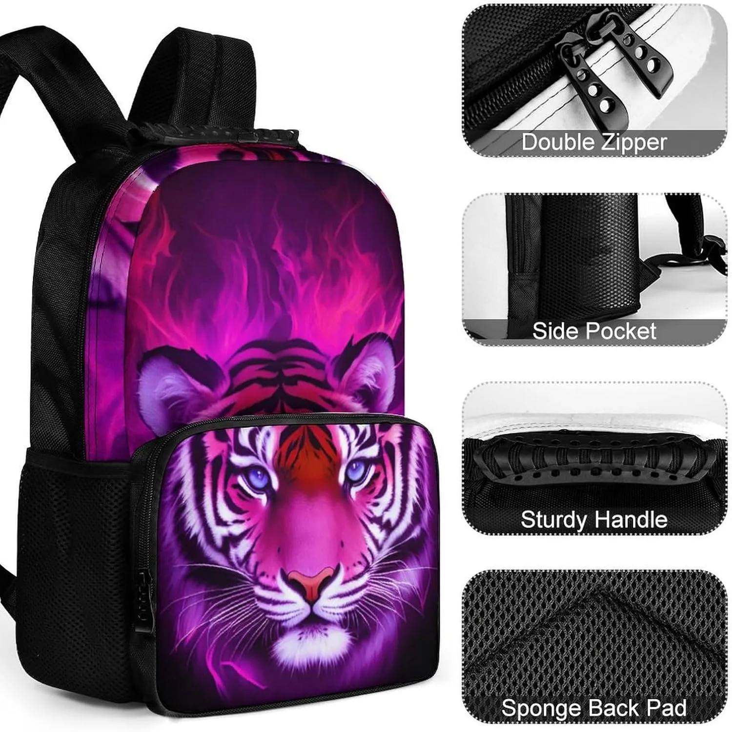 Cool Tiger Head Fire Surreal Style Art Rucksack Polyester Anti-Theft Multipurpose Bookbag Big Capacity Travel and Sport Backpack Rucksack With Side Pockets