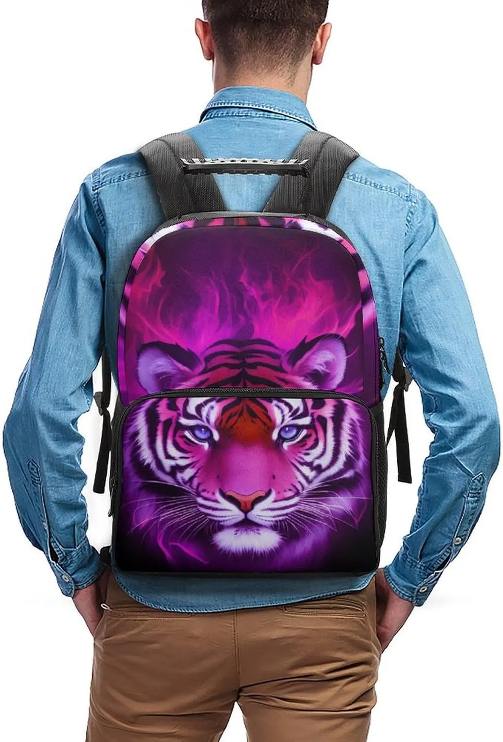 Cool Tiger Head Fire Surreal Style Art Rucksack Polyester Anti-Theft Multipurpose Bookbag Big Capacity Travel and Sport Backpack Rucksack With Side Pockets