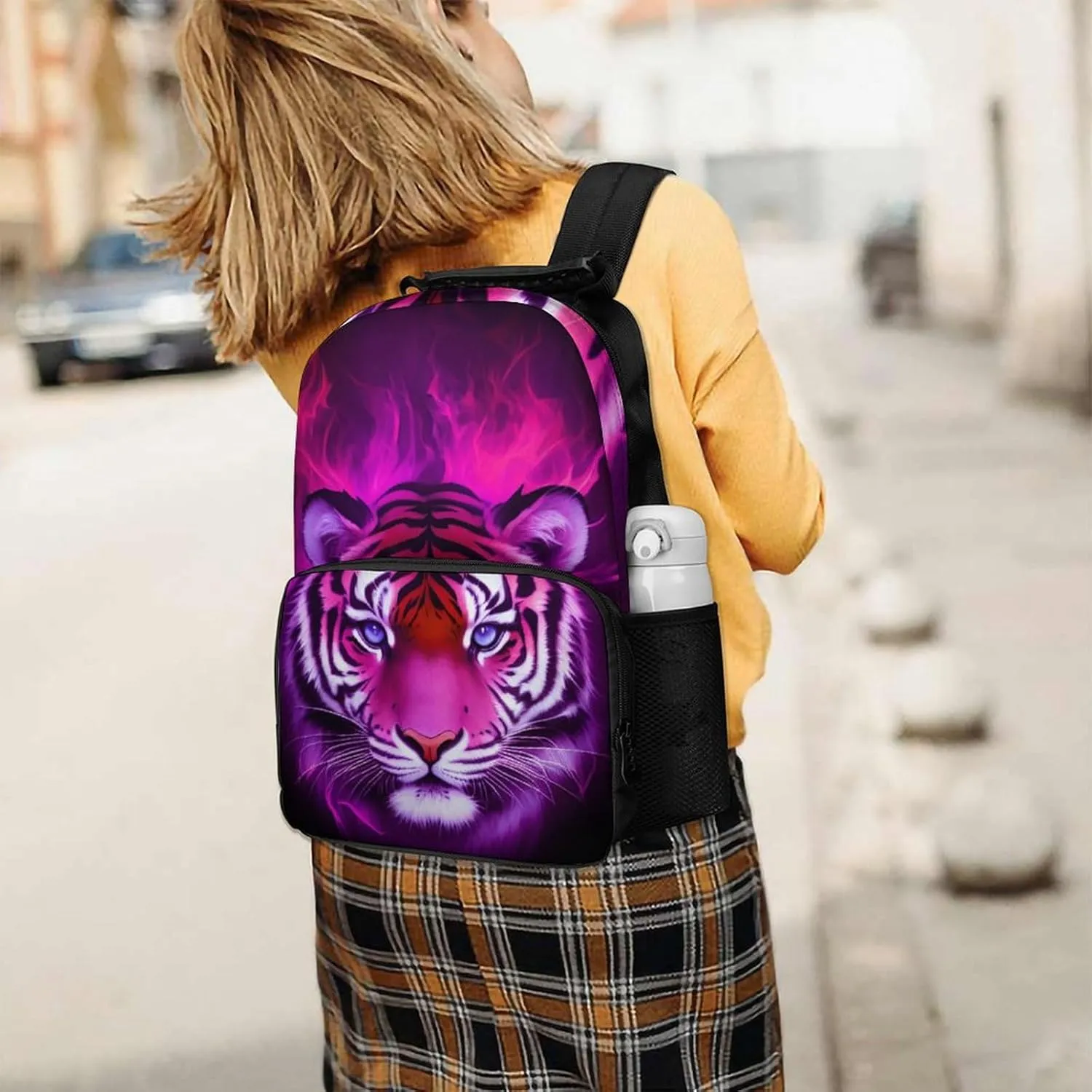 Cool Tiger Head Fire Surreal Style Art Rucksack Polyester Anti-Theft Multipurpose Bookbag Big Capacity Travel and Sport Backpack Rucksack With Side Pockets