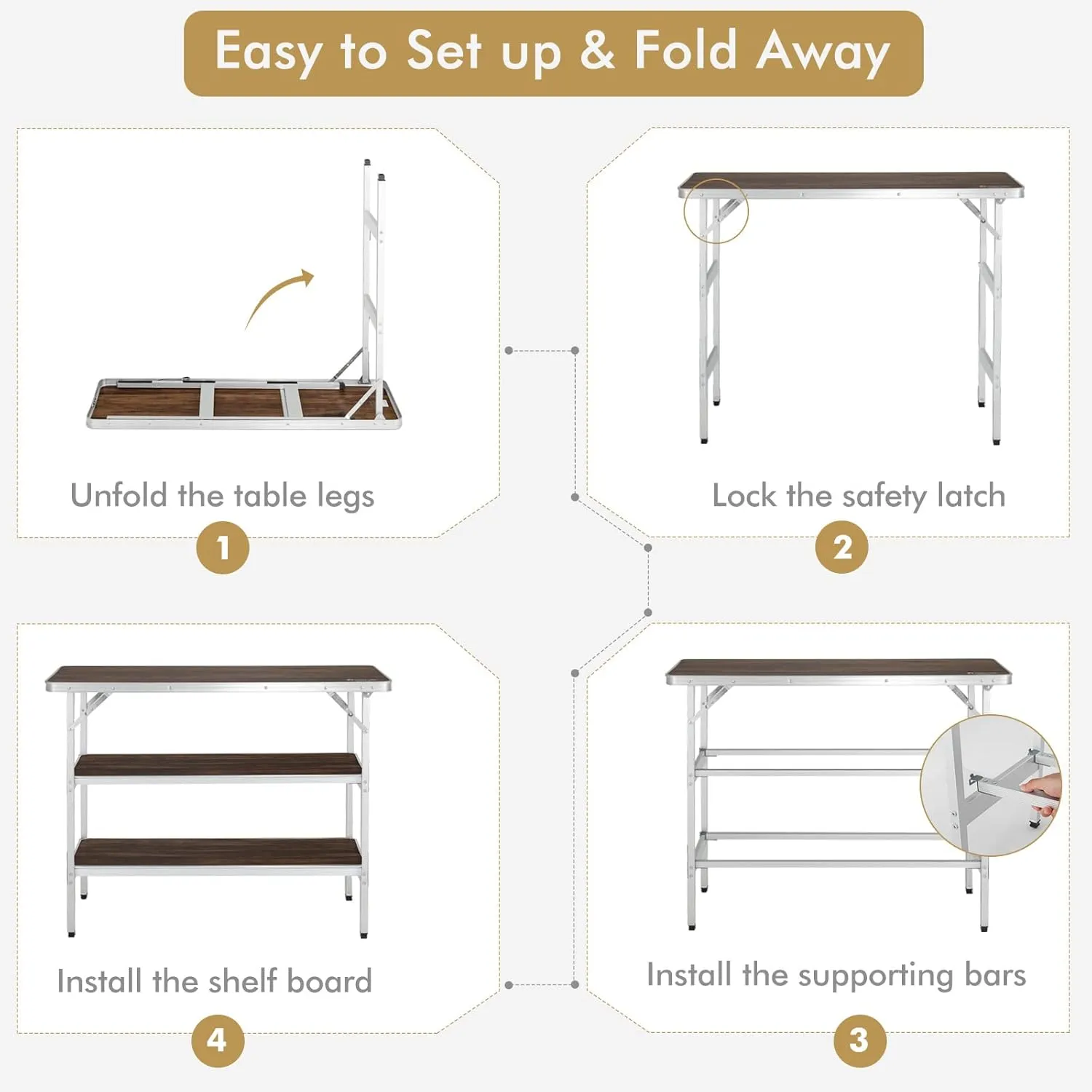 COSTWAY Folding Picnic Table, Portable Camping Table with Carry Bag, Lightweight Aluminum Food Prep Station with 2 Shelves, Quick Set-up, BBQ, Party, Backyard