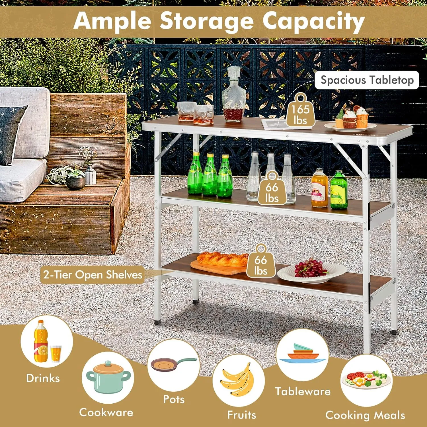COSTWAY Folding Picnic Table, Portable Camping Table with Carry Bag, Lightweight Aluminum Food Prep Station with 2 Shelves, Quick Set-up, BBQ, Party, Backyard