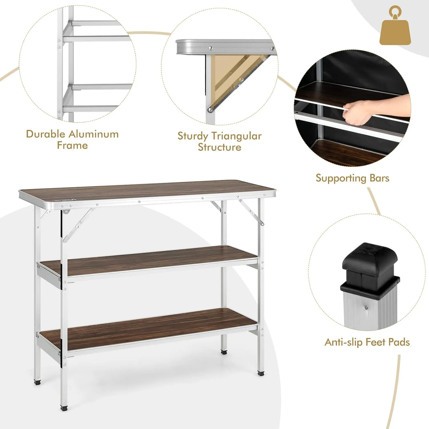 COSTWAY Folding Picnic Table, Portable Camping Table with Carry Bag, Lightweight Aluminum Food Prep Station with 2 Shelves, Quick Set-up, BBQ, Party, Backyard