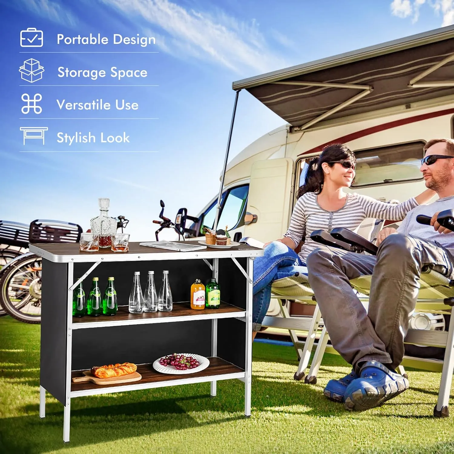 COSTWAY Folding Picnic Table, Portable Camping Table with Carry Bag, Lightweight Aluminum Food Prep Station with 2 Shelves, Quick Set-up, BBQ, Party, Backyard