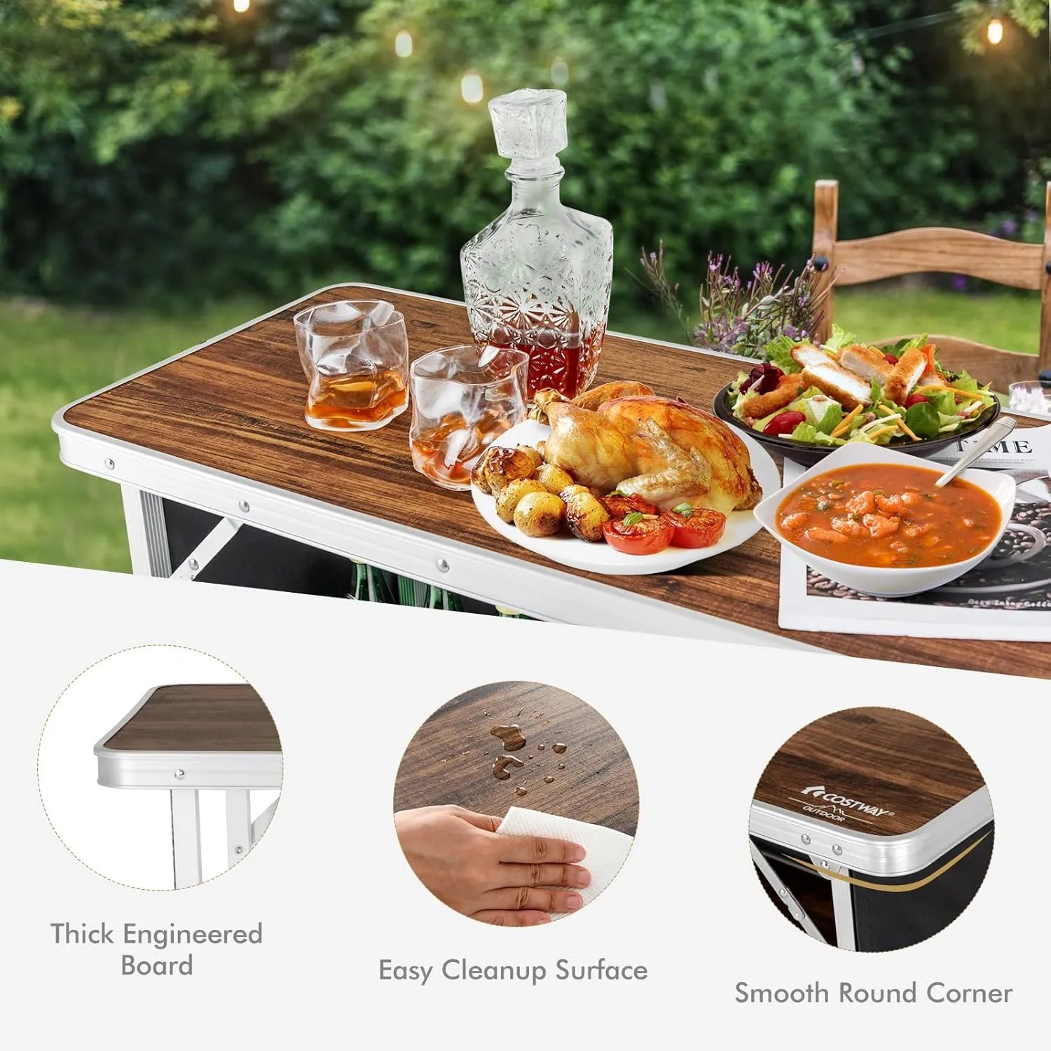 COSTWAY Folding Picnic Table, Portable Camping Table with Carry Bag, Lightweight Aluminum Food Prep Station with 2 Shelves, Quick Set-up, BBQ, Party, Backyard