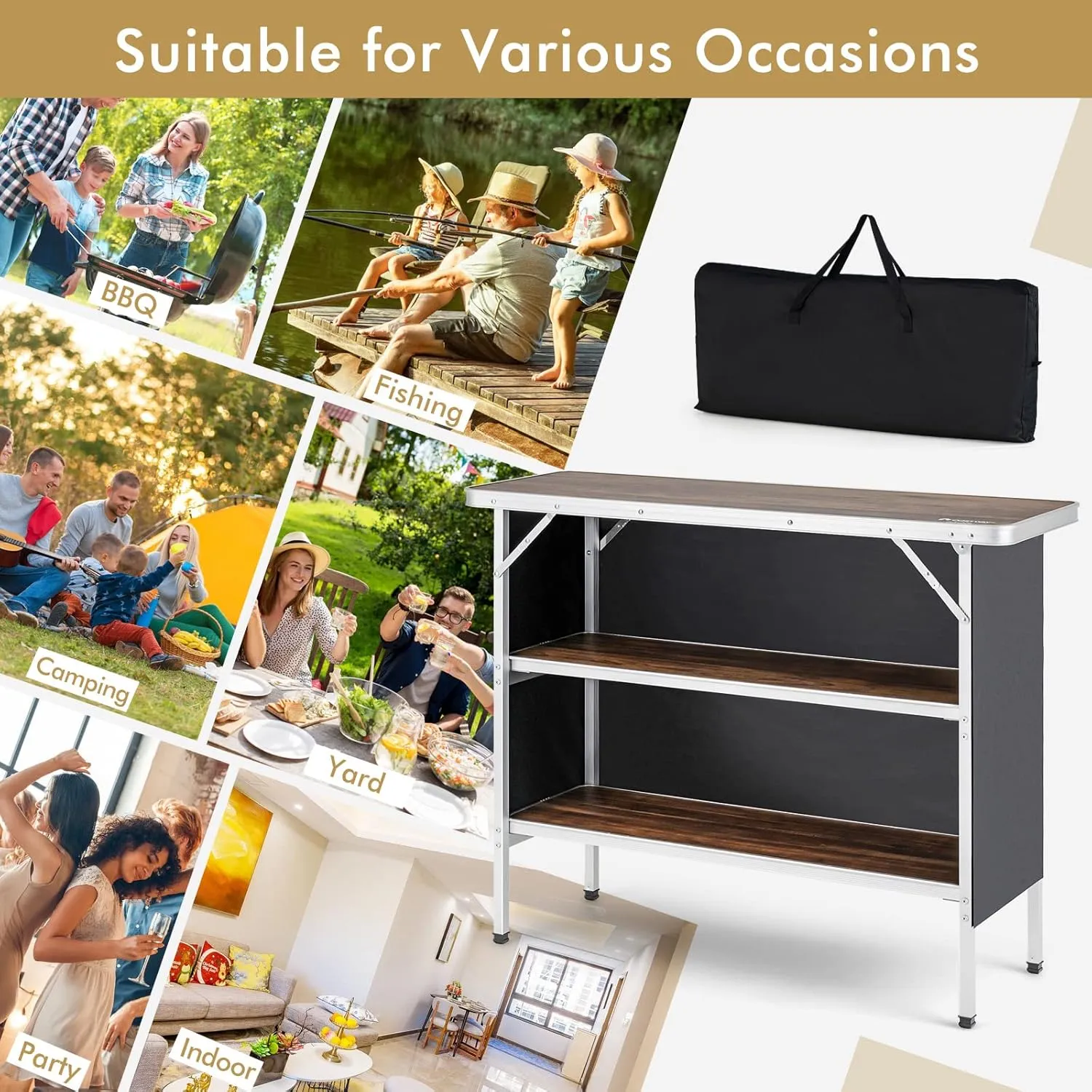 COSTWAY Folding Picnic Table, Portable Camping Table with Carry Bag, Lightweight Aluminum Food Prep Station with 2 Shelves, Quick Set-up, BBQ, Party, Backyard