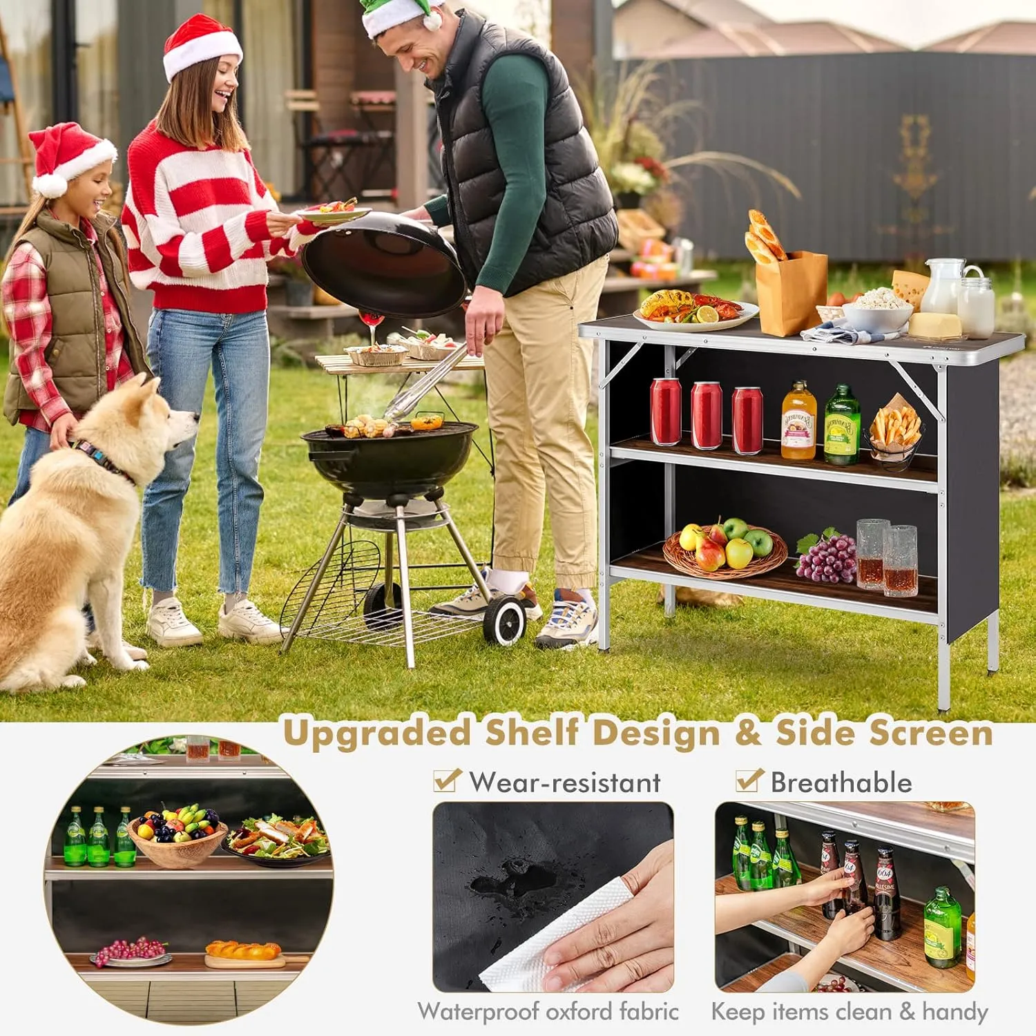 COSTWAY Folding Picnic Table, Portable Camping Table with Carry Bag, Lightweight Aluminum Food Prep Station with 2 Shelves, Quick Set-up, BBQ, Party, Backyard