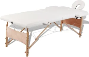 Cream White Foldable Massage Table with Wooden Frame, 2 Zones, Adjustable Height for Comfort and Convenience