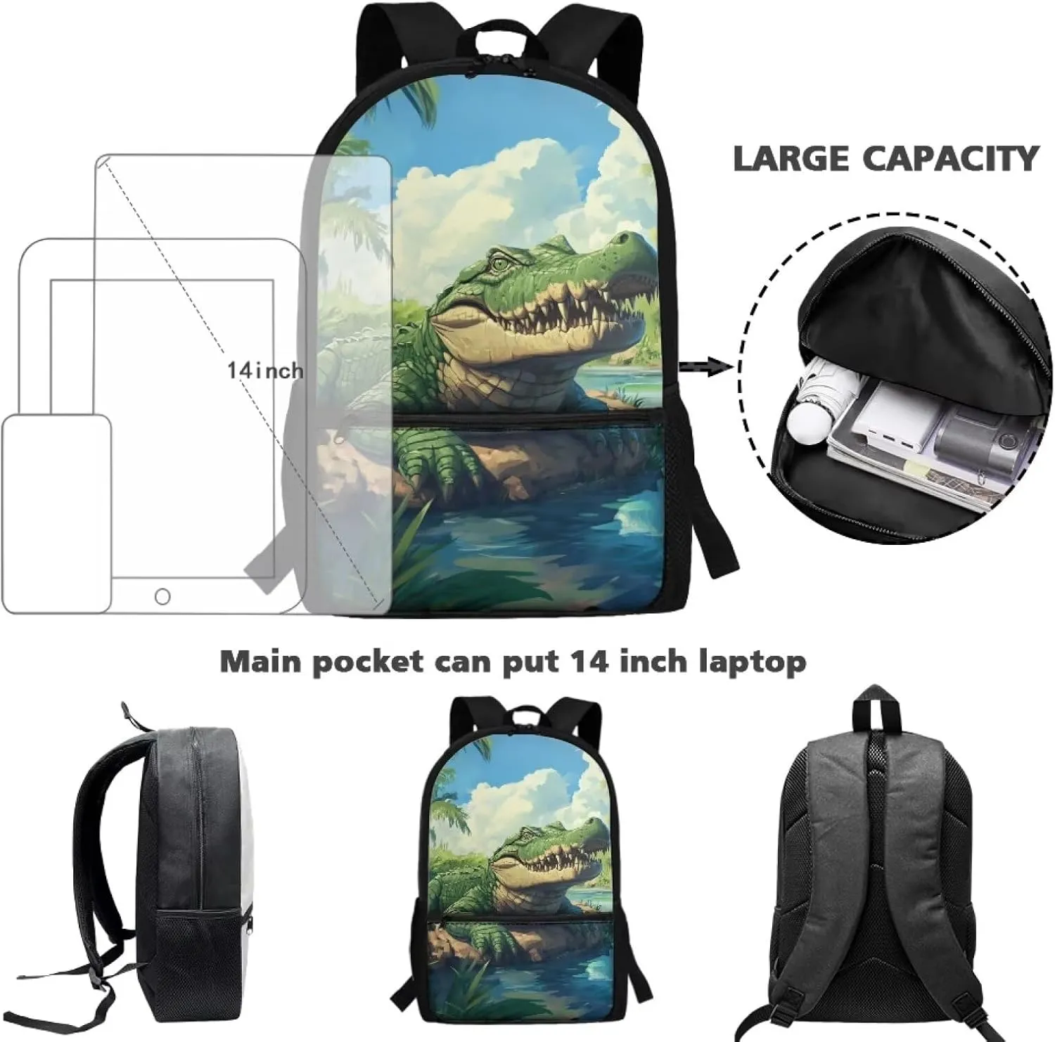 Crocodile Elementary School Boys Backpack Age 6 to 8 Classic Large Capacity Schoolbag for School Supplies Storage Polyester Fabric Bookbag for 1st-6th Grade