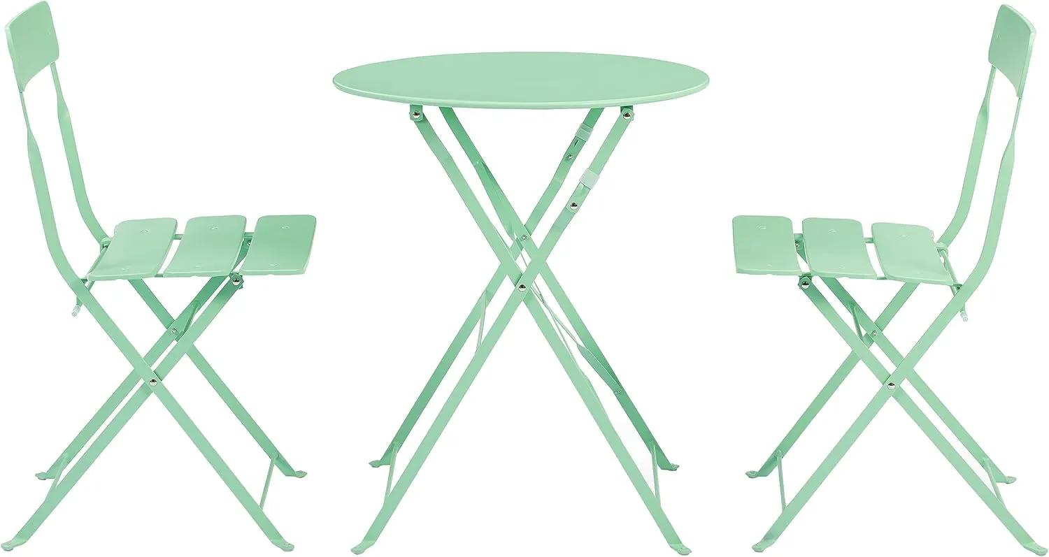 Crosley Furniture Karlee 3-Piece Indoor Outdoor Bistro Set, Retro Metal Folding Patio Table and Chairs, Mint