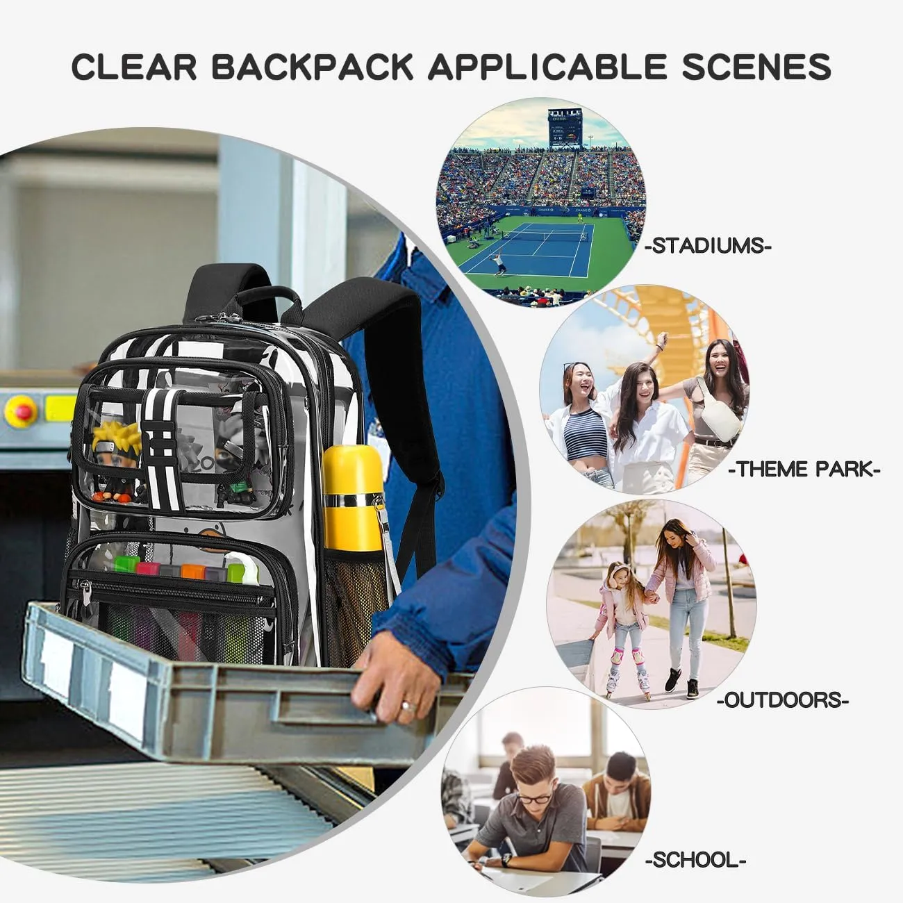 Cusangel Clear Large Backpack for kids,16in Heavy Duty Clear BookBag,TPU Large Capacity Black See Through Backpack for Stadiums,Concerts,Plastic transparente para mujer for 8Age 
