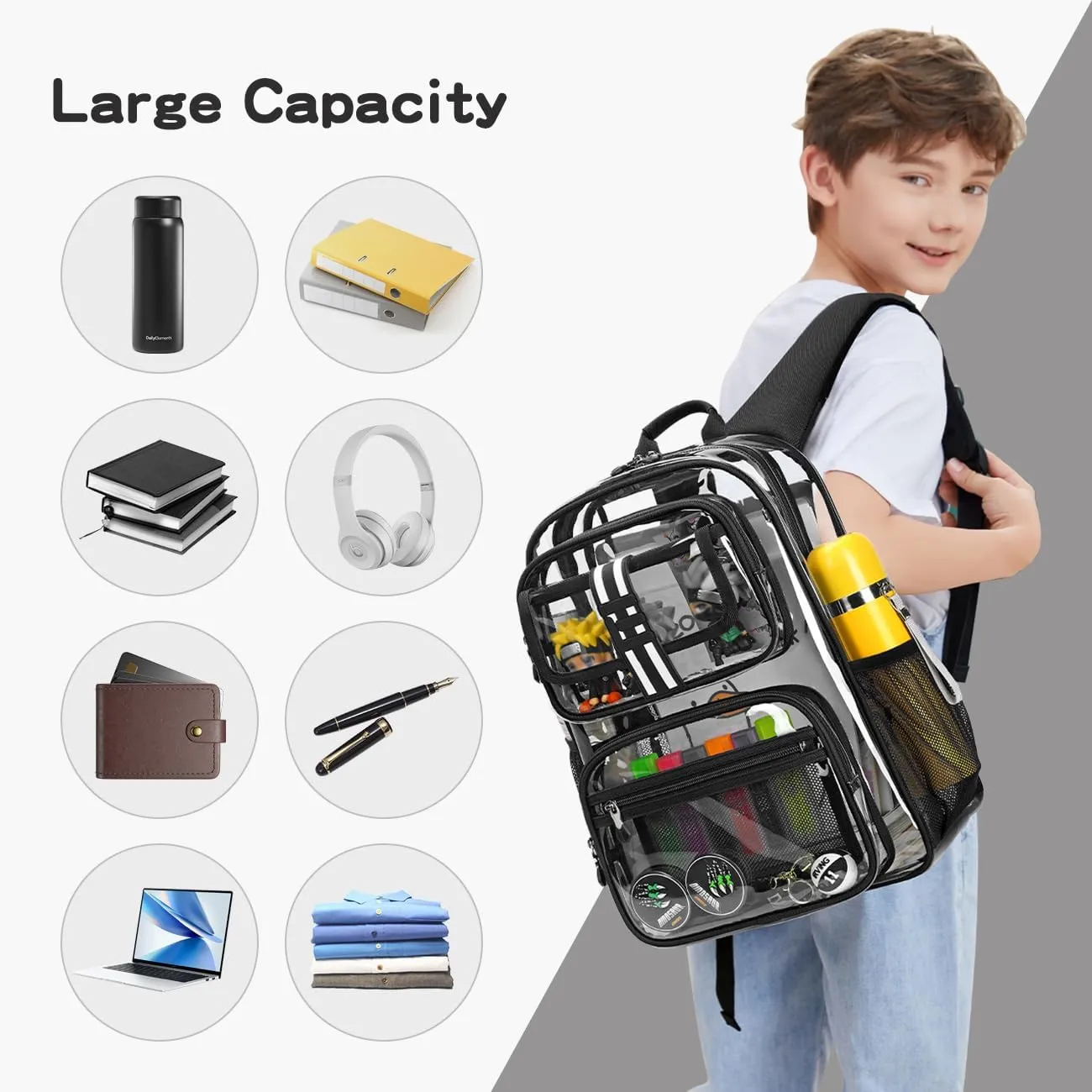 Cusangel Clear Large Backpack for kids,16in Heavy Duty Clear BookBag,TPU Large Capacity Black See Through Backpack for Stadiums,Concerts,Plastic transparente para mujer for 8Age 